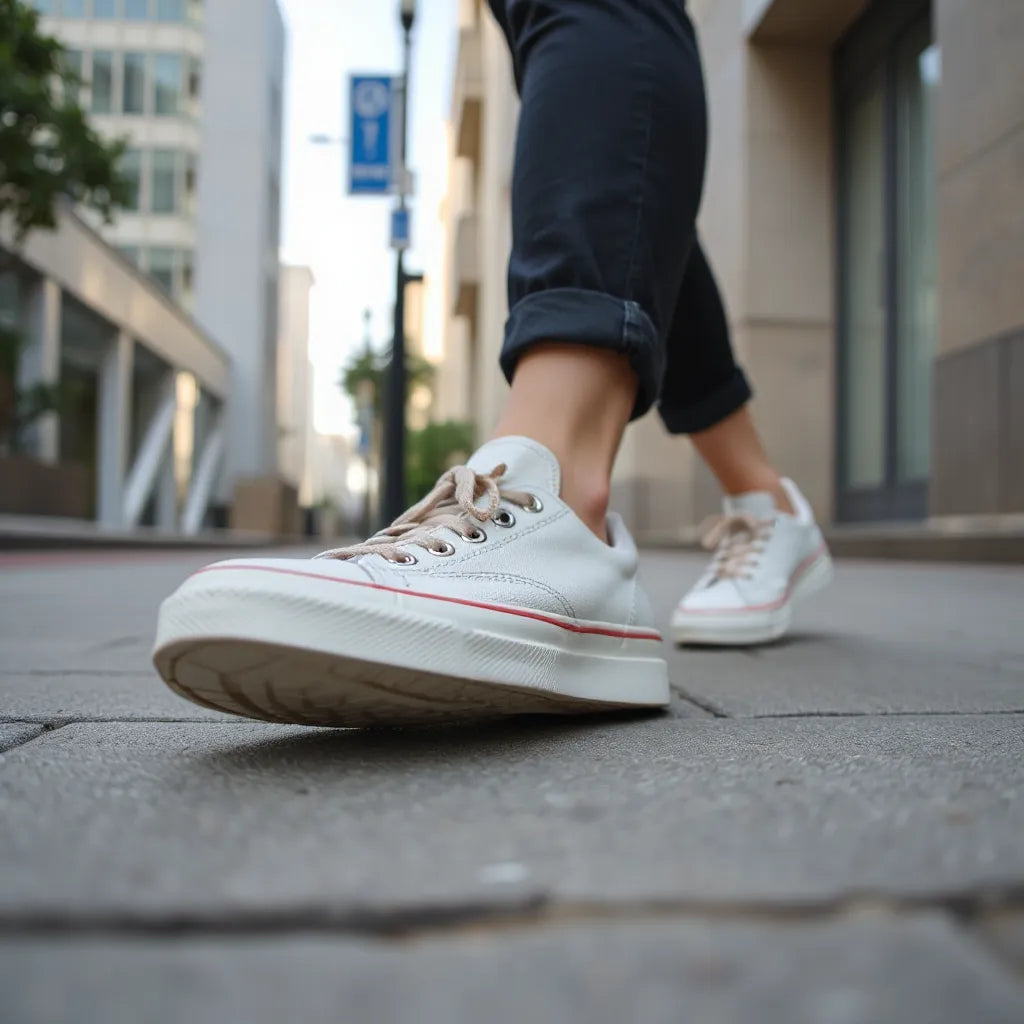 Wygodne buty codzienne z elastyczną podeszwą i amortyzacją na tle miejskiego chodnika