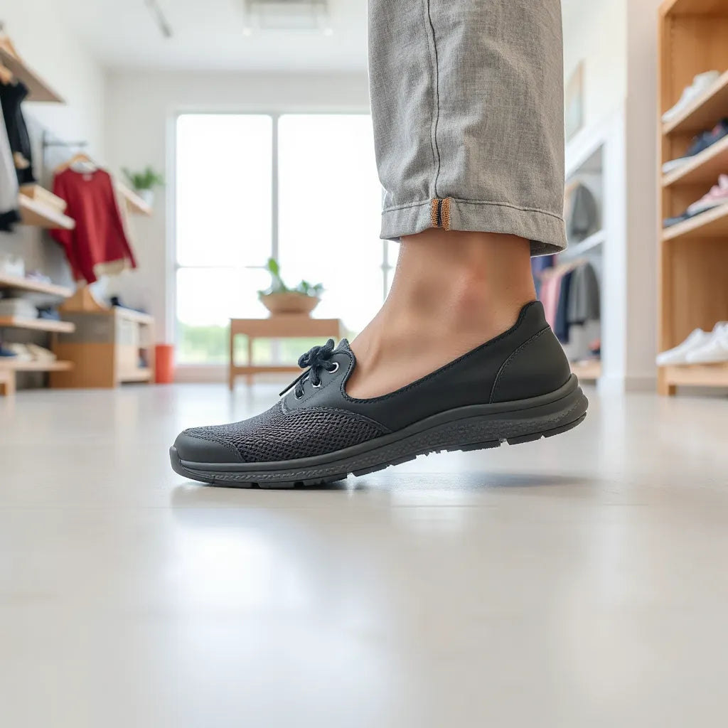Osoba przymierzająca ortopedyczne buty z widocznym dopasowaniem i podparciem wkładki