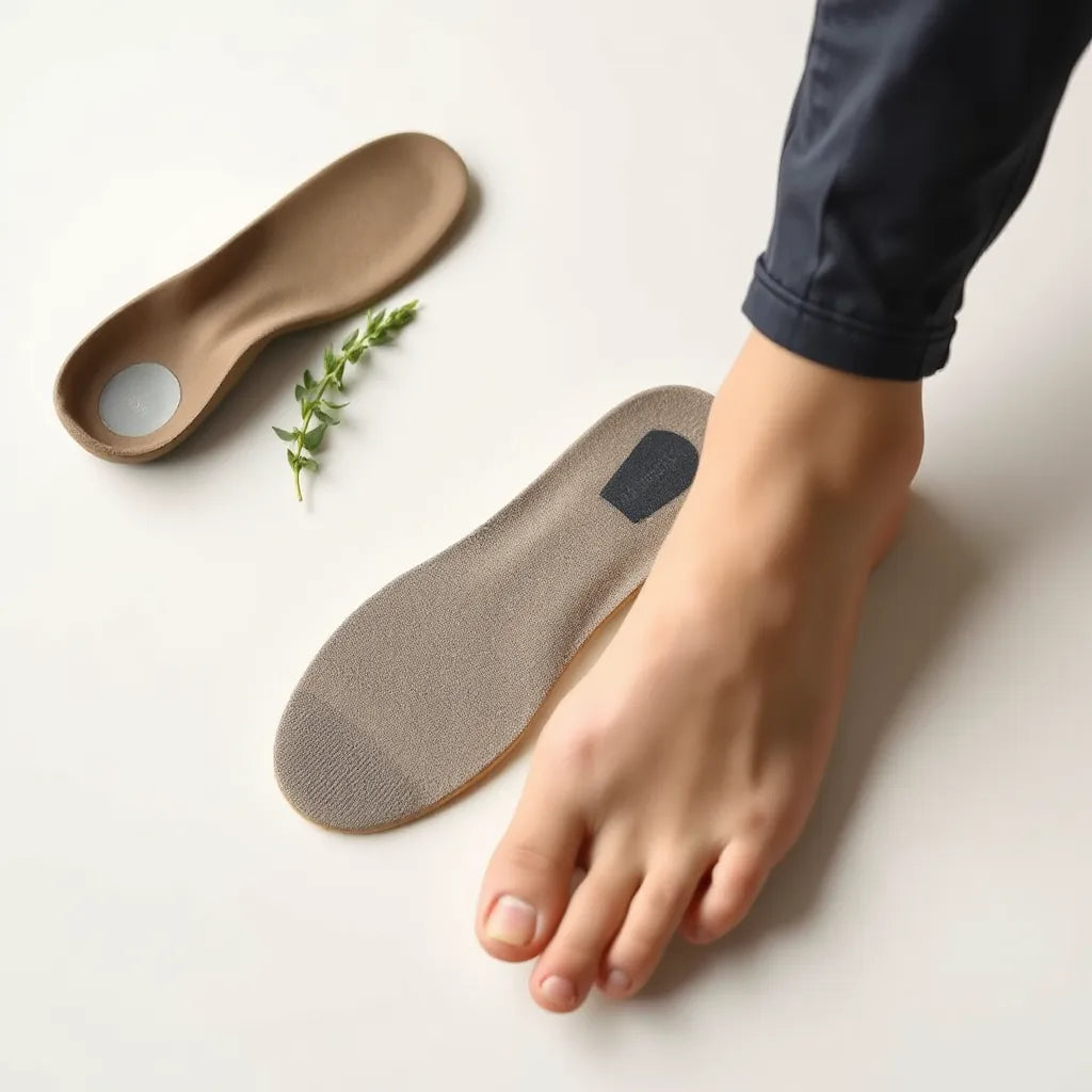 Ergonomiczne wkładki na jasnym tle, obok stopy i fragmentu podeszwy buta