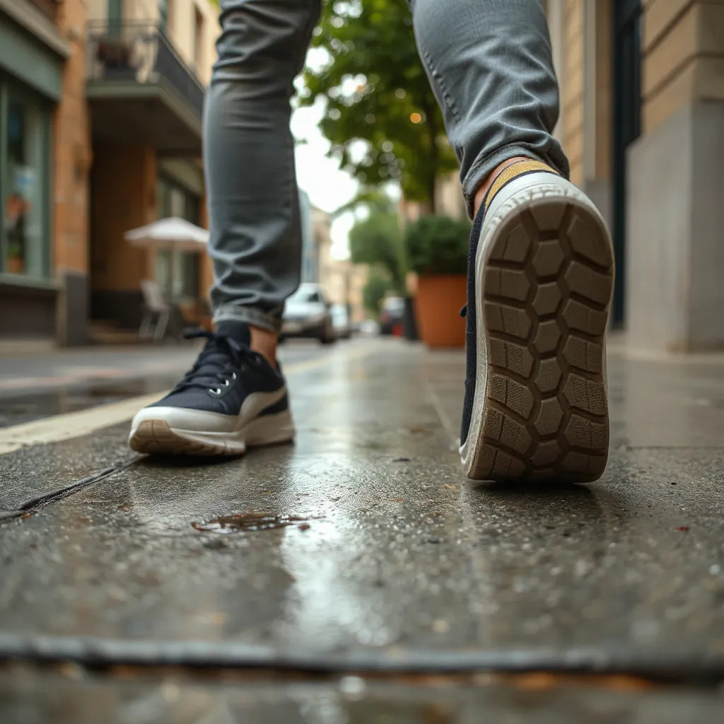 Wygodne, stabilne buty na ulicy przy zmiennej pogodzie, z wyraźną fakturą podeszwy i elastycznym wykończeniem