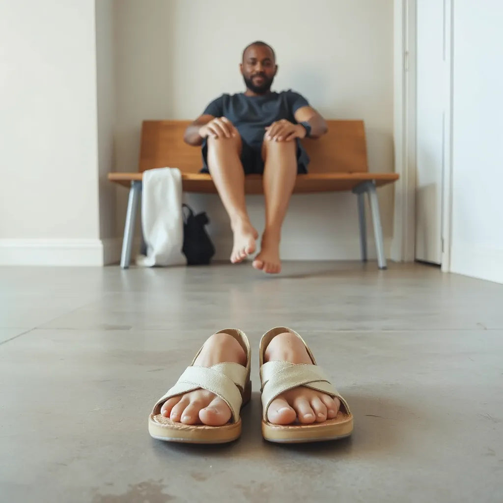 Minimalistyczne buty barefoot na podłodze obok zrelaksowanych, nagich stóp po dłuższym dniu