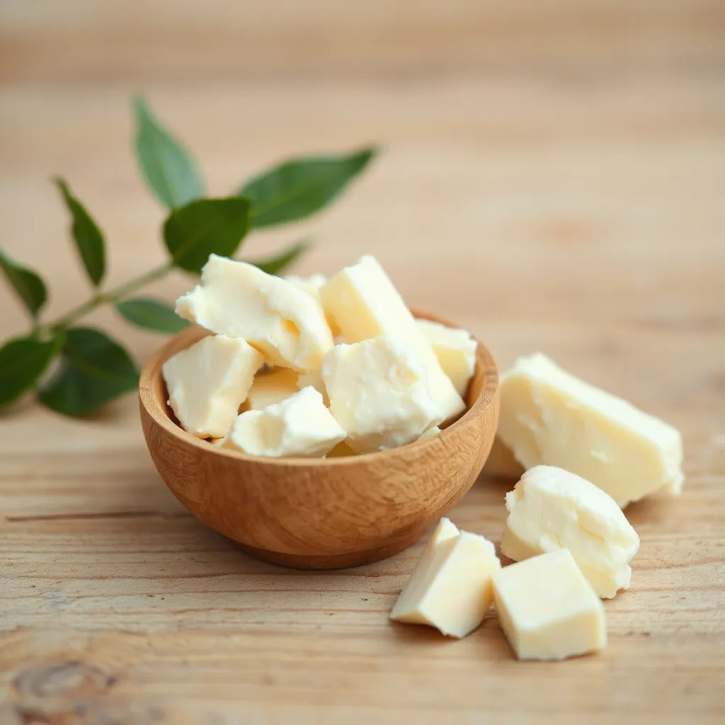 Kremowe surowe masło shea w drewnianej misce na jasnym, naturalnym tle