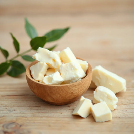 Kremowe surowe masło shea w drewnianej misce na jasnym, naturalnym tle