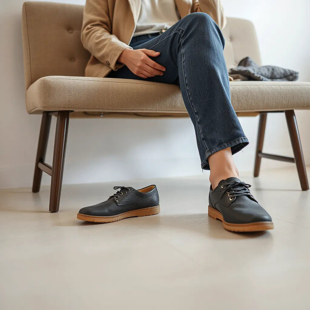 Wygodne buty i rozluźnianie zmęczonych stóp w jasnym, minimalistycznym wnętrzu
