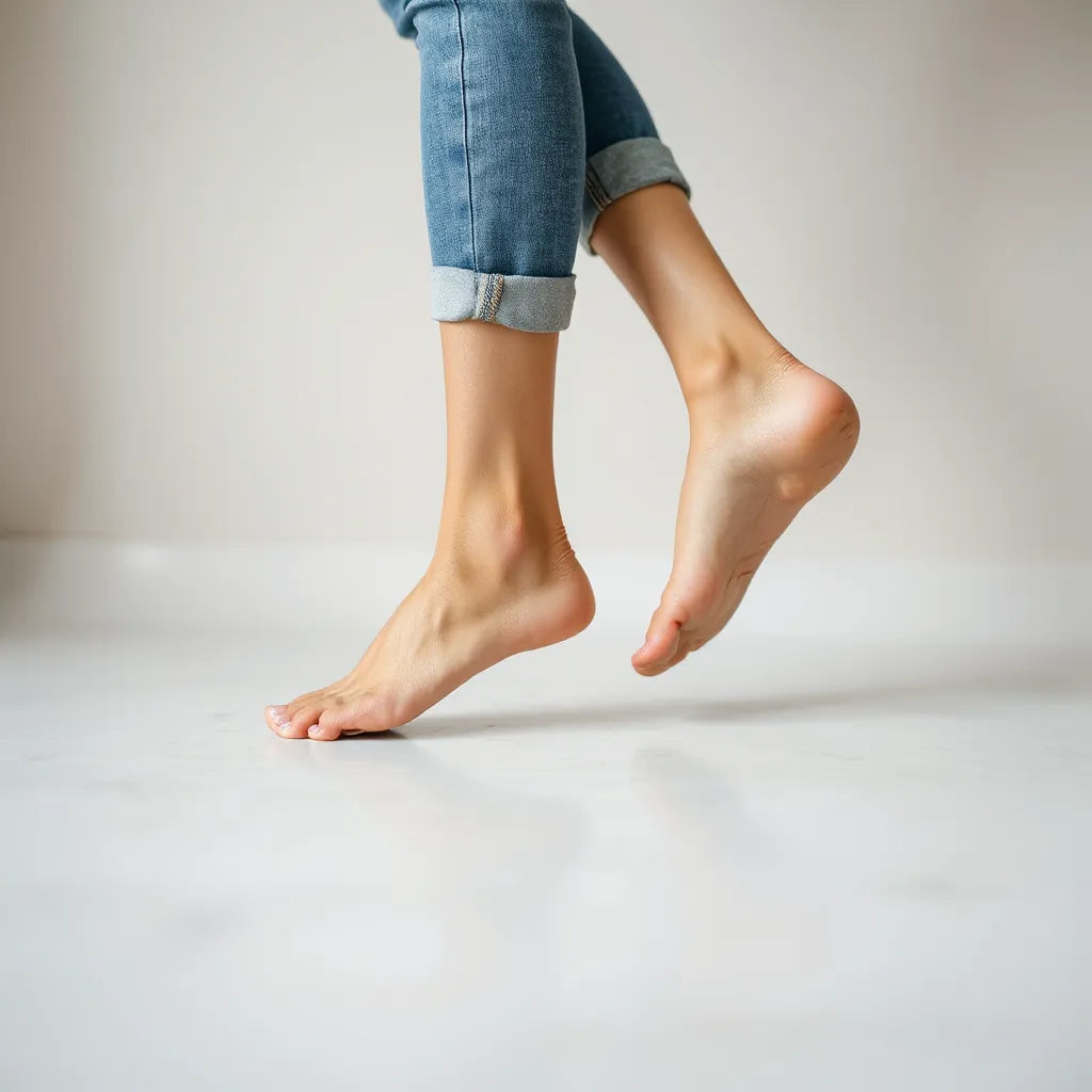 Osoba w minimalistycznych butach barefoot stoi prosto i ma naturalne ułożenie stopy