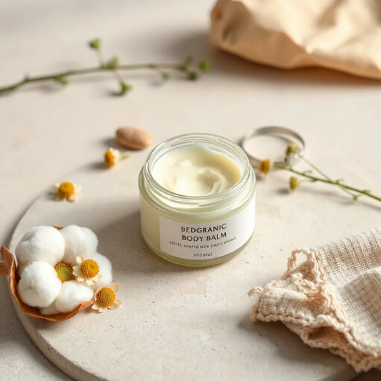 Słoiczek luksusowego organicznego balsamu do ciała z kremową konsystencją na jasnym kamieniu, obok kwiatów i ziół