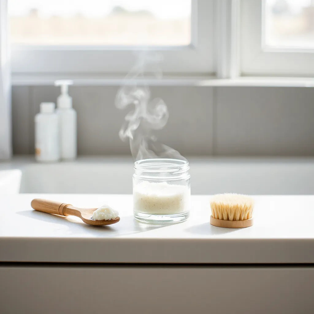 Drobnoziarnisty peeling w szklanym słoiczku, drewniana łopatka i pędzelek na jasnym blacie