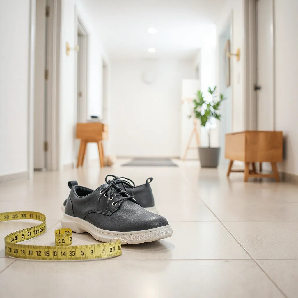 Szerokie buty ortopedyczne z taśmą mierniczą przy dopasowaniu rozmiaru