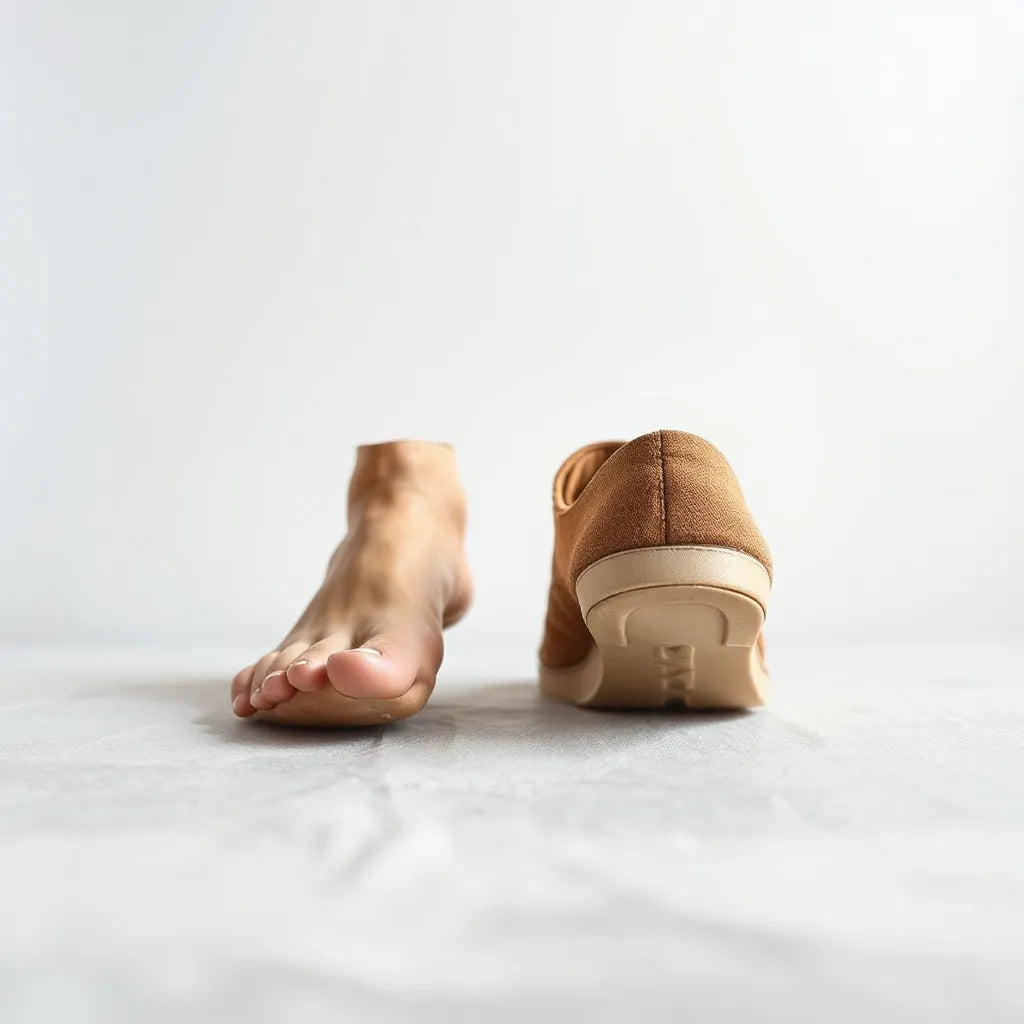 Para butów barefoot z wyraźnie stabilną, elastyczną podeszwą na neutralnym tle