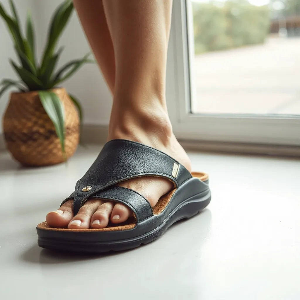 Ergonomiczne sandały z podparciem łuku stopy i miękką podeszwą, widoczne detale komfortu
