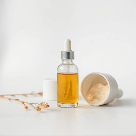 Szklana butelka z kroplomierzem i rozświetlające serum na jasnym, czystym tle