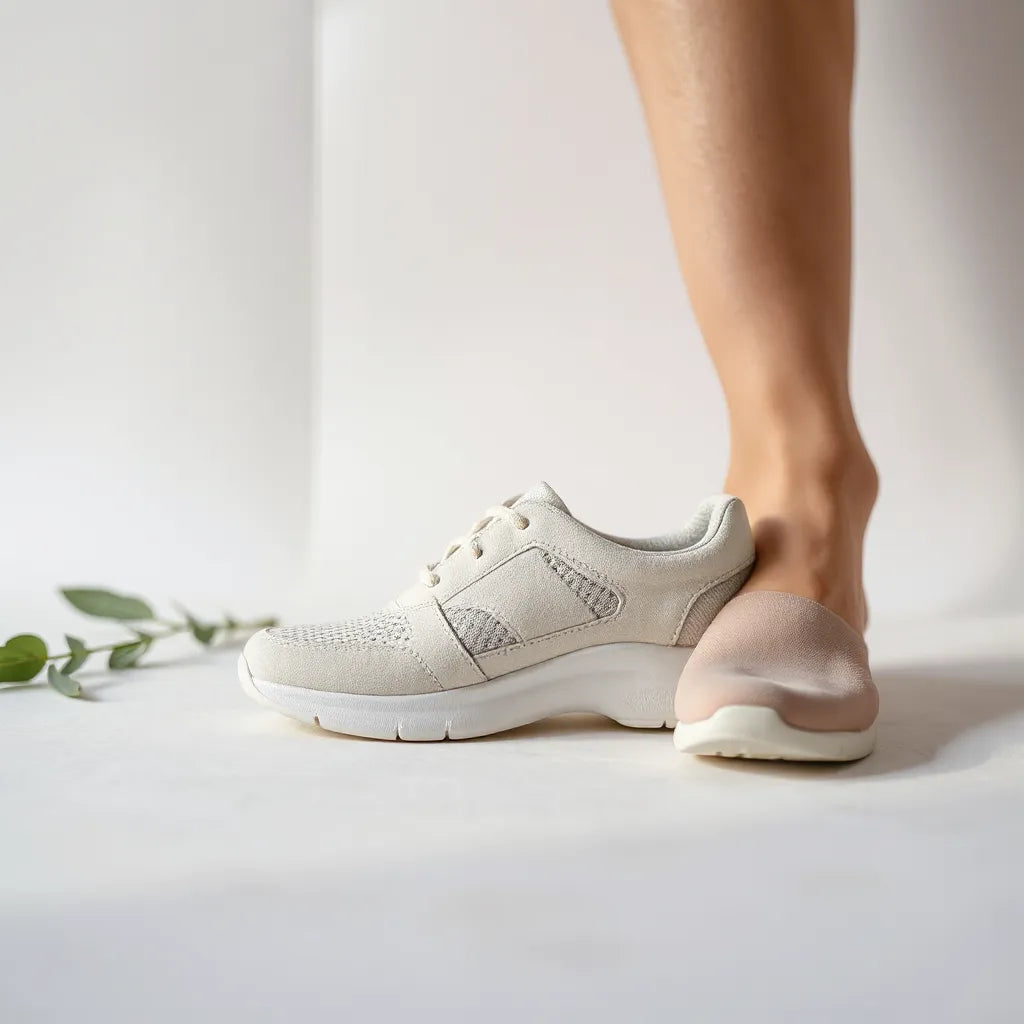 Para komfortowych butów ortopedycznych obok zarysu stopy i widocznej wkładki