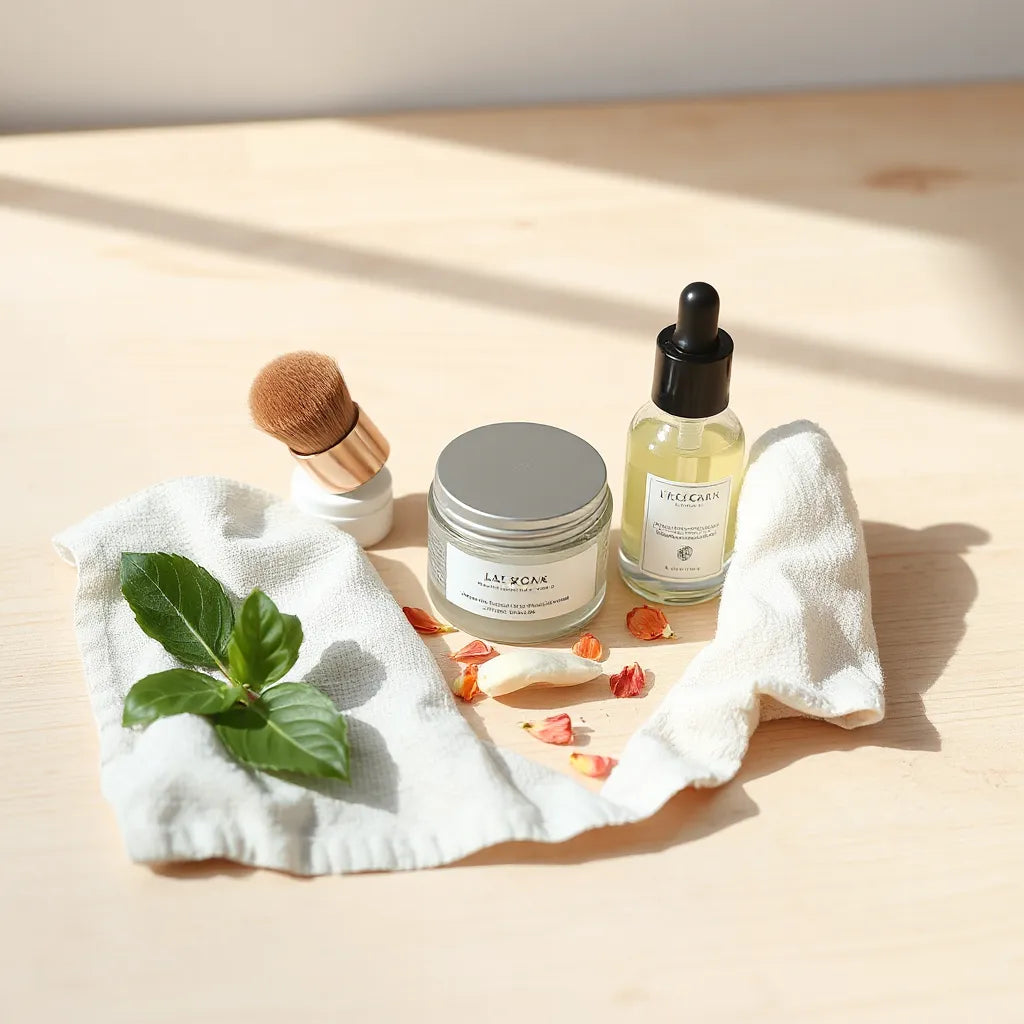 Kosmetyki do pielęgnacji na jasnym blacie z kremem, serum i naturalnymi dodatkami