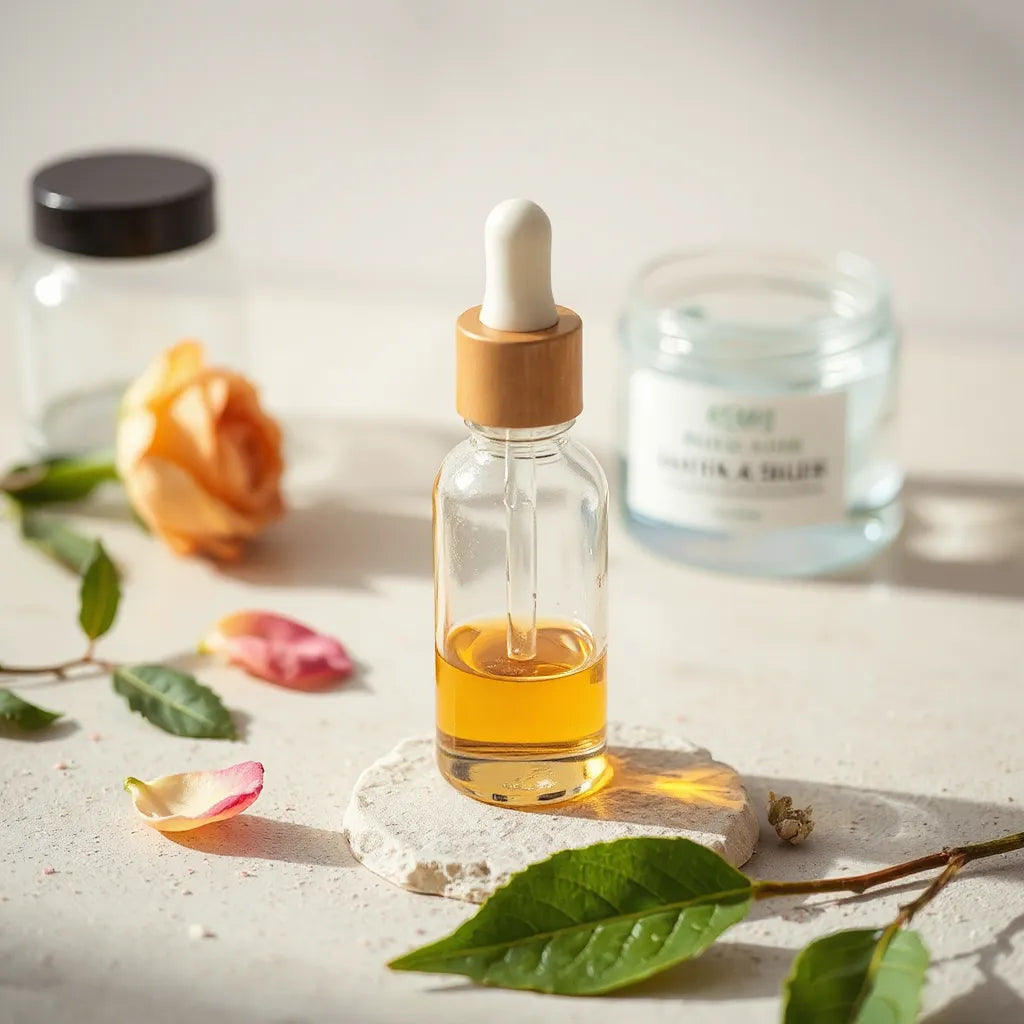 Szklana butelka z kroplomierzem i naturalnym serum przeciwstarzeniowym na jasnym tle z ziołami