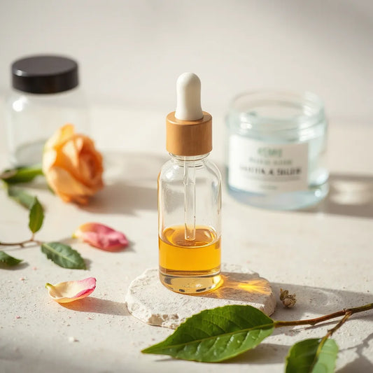Szklana butelka z kroplomierzem i naturalnym serum przeciwstarzeniowym na jasnym tle z ziołami