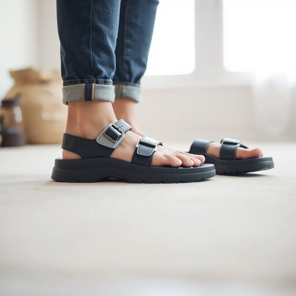 Ergonomiczne sandały na stopach z widocznymi regulowanymi paskami i stabilną podeszwą