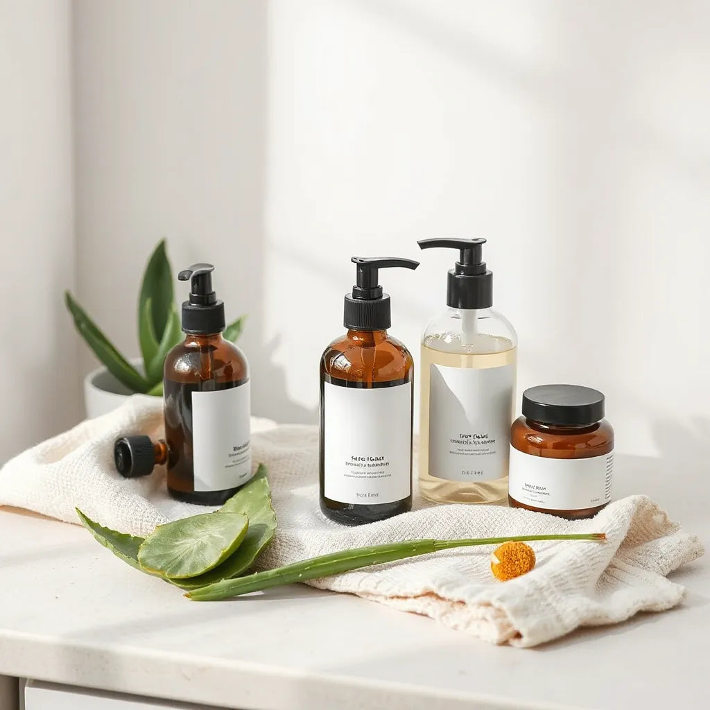 Minimalistyczne produkty do pielęgnacji z botanicznymi składnikami na jasnym blacie pod naturalnym światłem