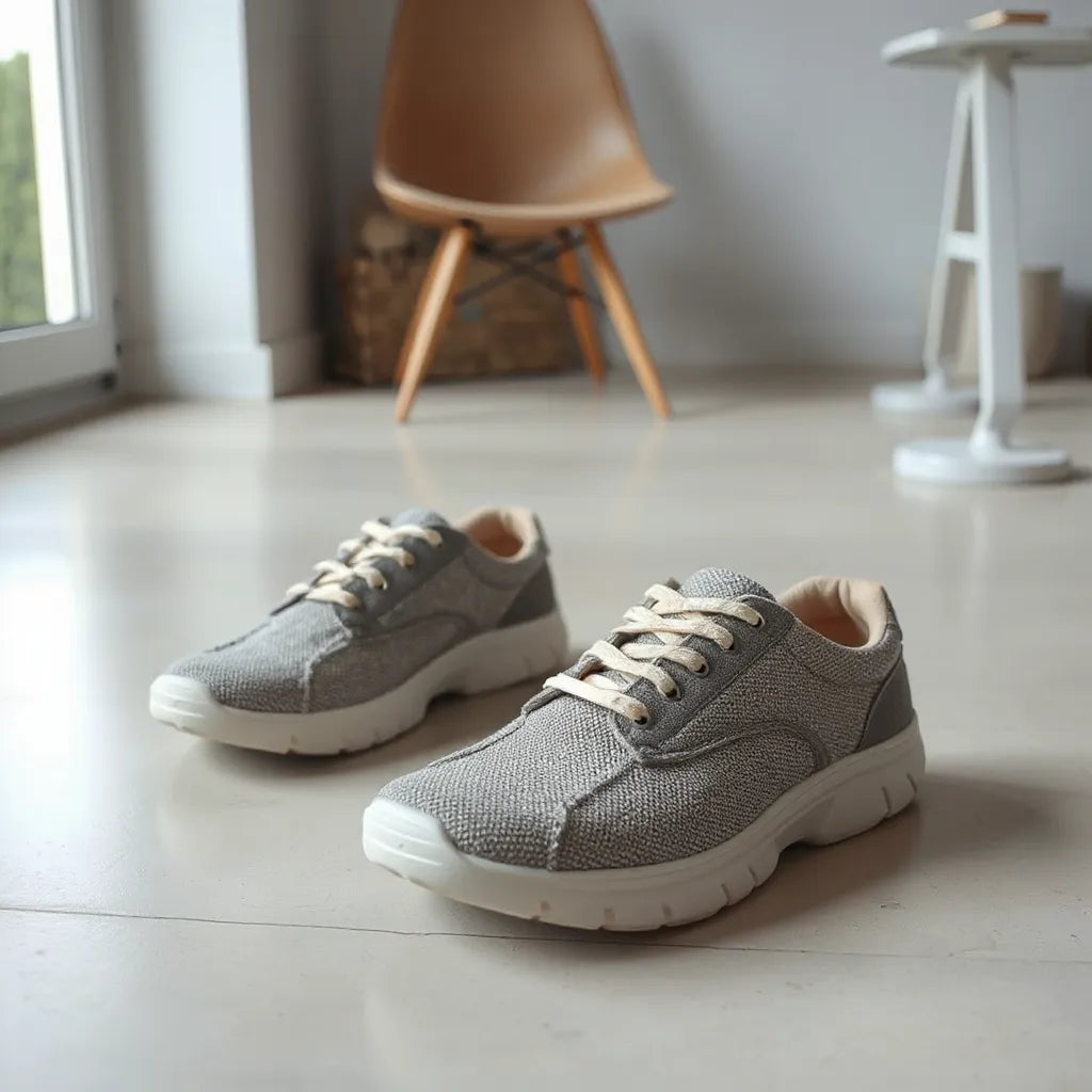 Wygodne buty z amortyzującą podeszwą stoją na podłodze w jasnym, minimalistycznym wnętrzu