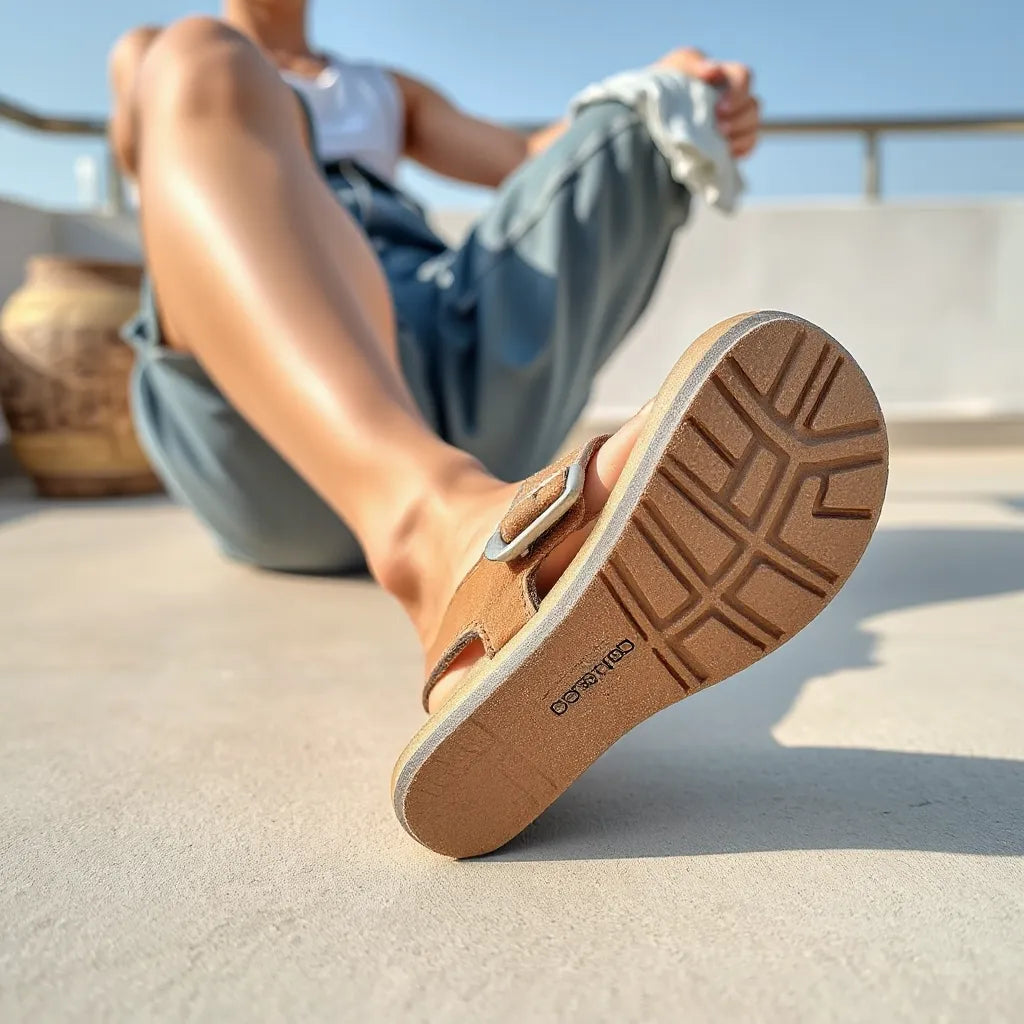 Ergonomiczne sandały z wyprofilowaną wkładką i regulowanymi paskami, pokazujące wsparcie łuku stopy