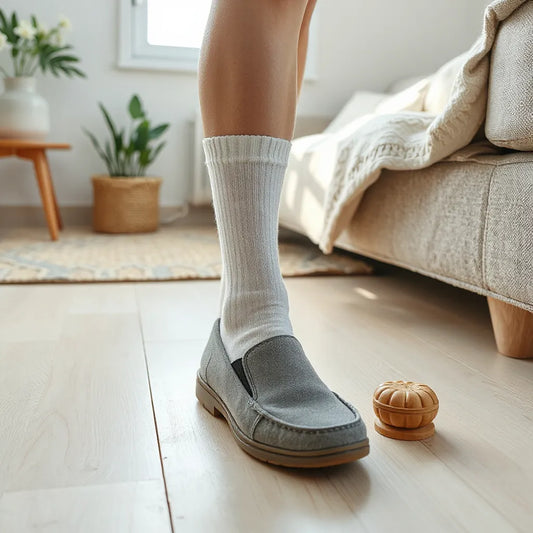 Komfortowe buty domowe z dopasowaną wkładką na jasnej podłodze w przytulnym salonie