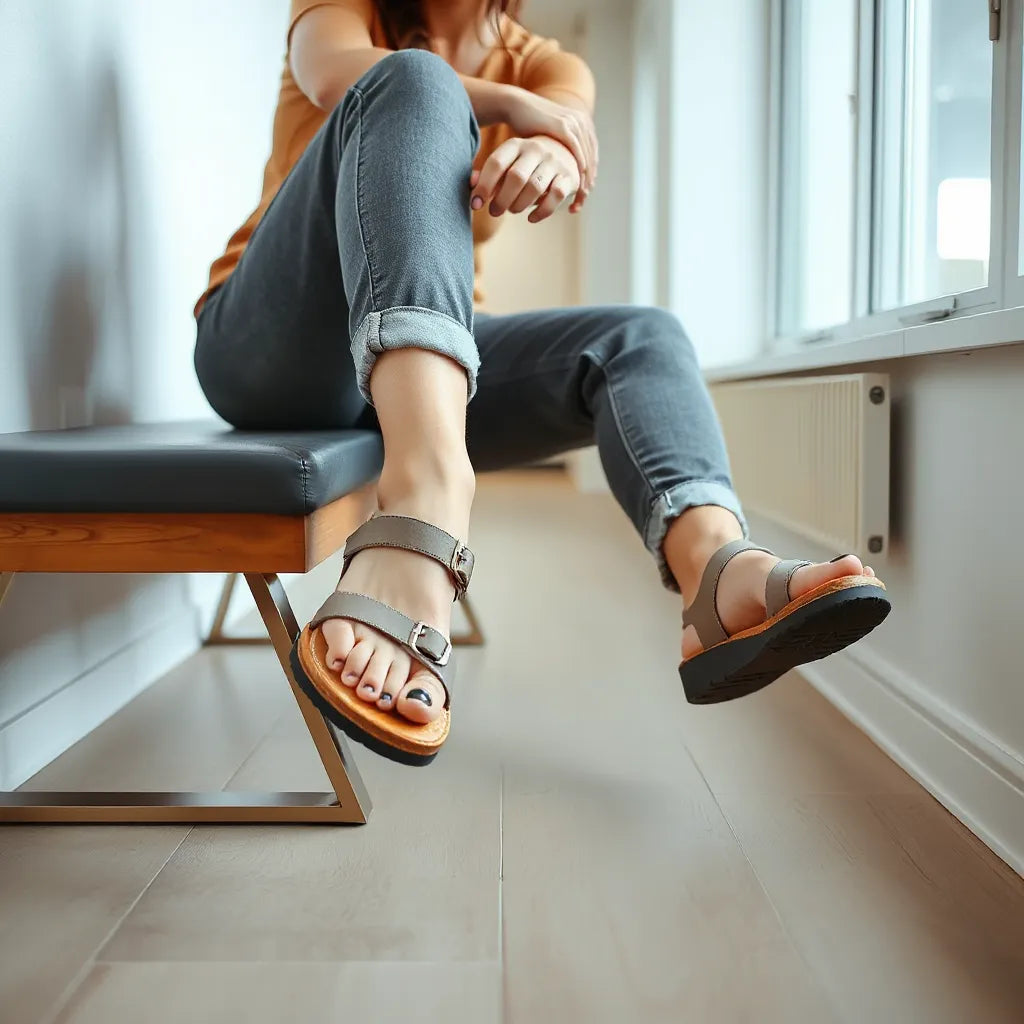Osoba w ergonomicznych sandałach z profilowaną wkładką i podparciem łuku stopy