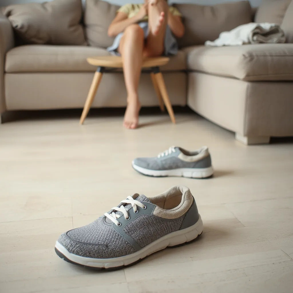 Wspierające buty z amortyzowaną wkładką i spokojnie ułożoną stopą na krześle