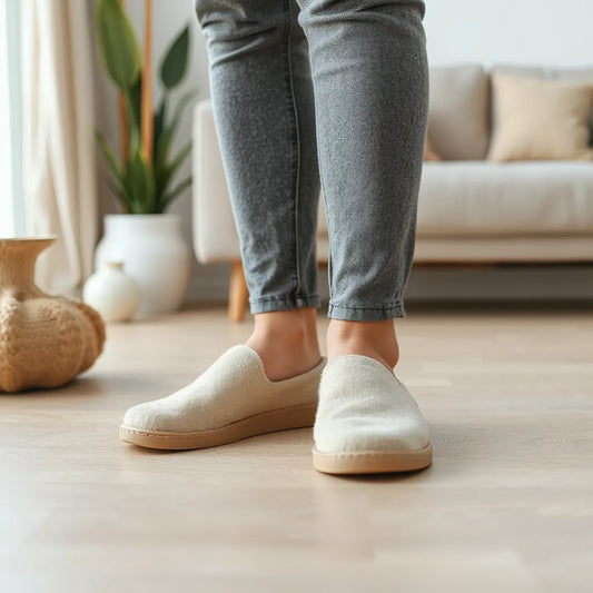 Komfortowe kapcie z wyraźną amortyzacją na stopach w jasnym salonie
